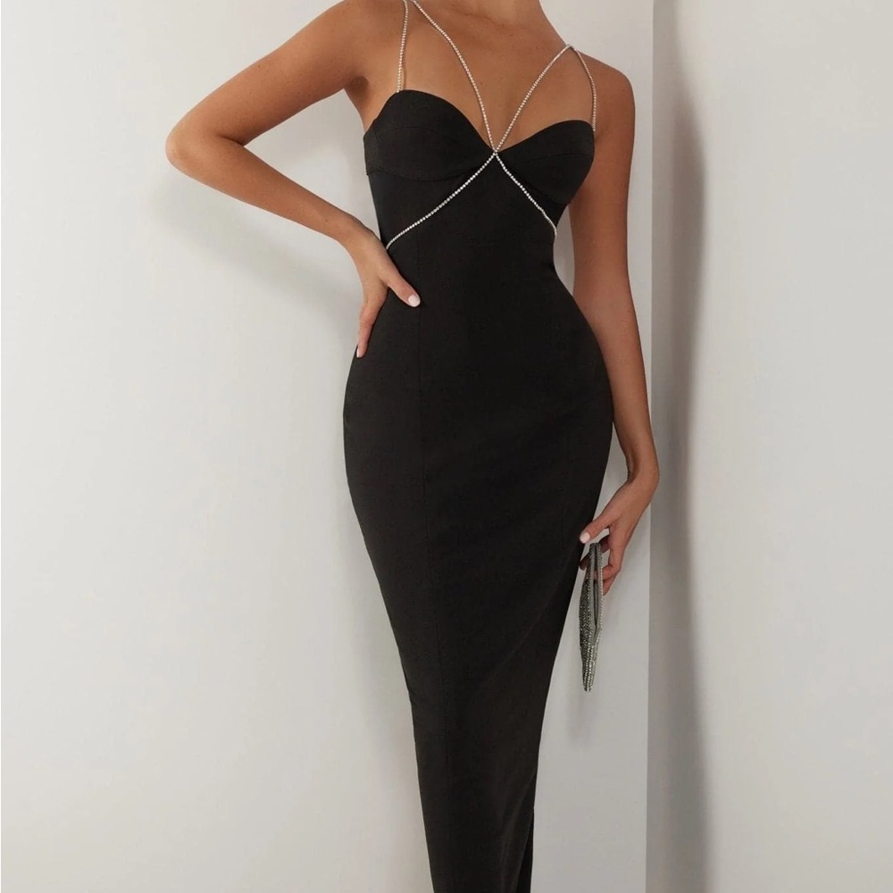 Heiress Beverly Hills BLACK DIAMANTE STRAP CUTOUT MAXI DRESS brand new